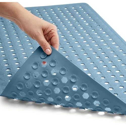 GORILLA GRIP Patented Bath Tub Shower Mat, Machine Washable Bathtub Floor Liner Mats, Suction Cups and Drain Holes to Keep Tubs Clean, Soft on Feet, Bathroom Essentials, 35x16 Inch, Sky Blue Opaque