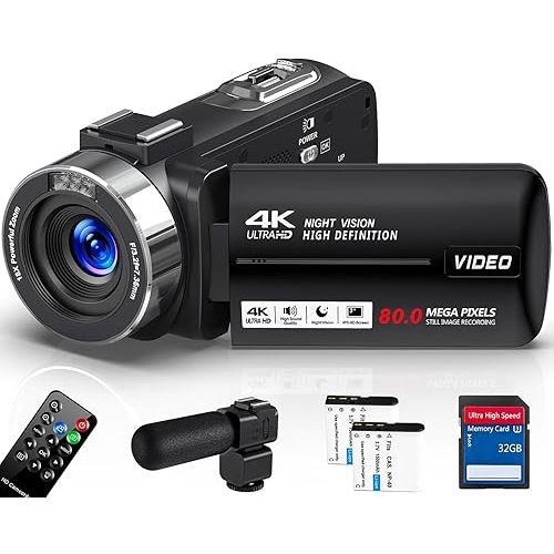 4K Video Camera Camcorder Ultra 80MP Vlogging Camera for YouTube 18X Digital Zoom Camcorder 3.0" IPS Screen IR Night Vision with External Mic, Controller, 2 Batteries and 32G SD Card