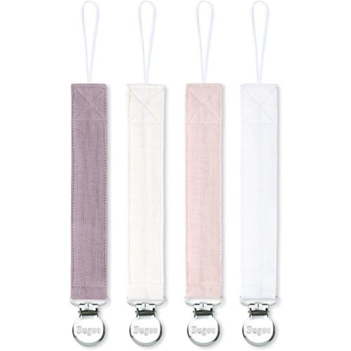 Pacifier Clip for Baby Boy and Girl - Linen Soft Fabric Pacifier Hold with Clip for Binky, Leash Soothie Holder Unisex 4 Pack (Pink）
