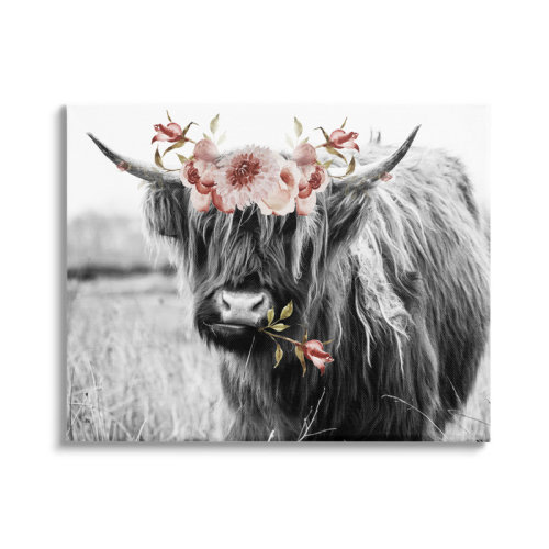 Stupell Industries Layered Floral Design Longhorn Cattle Monochrome Oversized By Amy Brinkman | Wayfair