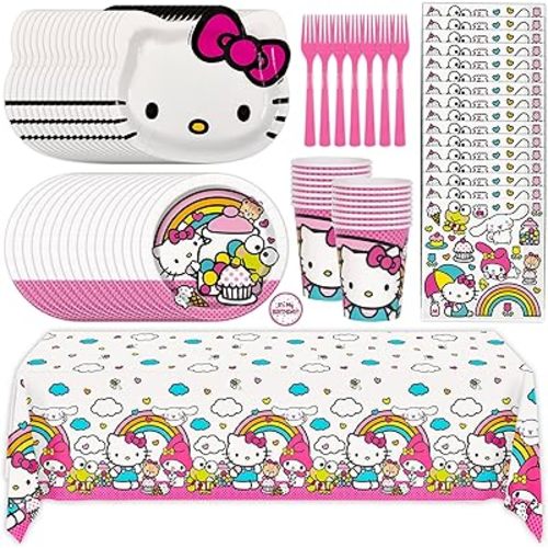 Hello Kitty Birthday Decorations & Party Supplies | Hello Kitty Plates and Napkins, Cups, Tablecloth, Forks, Sticker | Serves 16 Guests | Officially Licensed