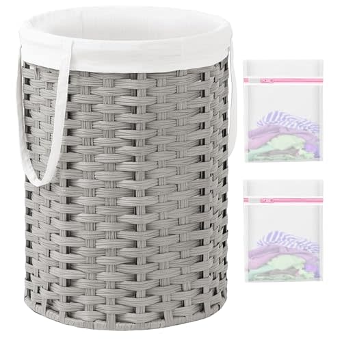SETVSON Laundry Hamper Laundry Basket Round 19.0 Gal (72 L) Handwoven Rattan Laundry Basket, Large Wicker Laundry Hamper with Removable Laundry Bag Handles 2 Mesh Bags for Bathroom Living Room Gray