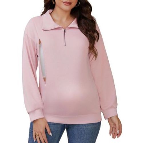 INSPIRE CHIC Women's Nursing Maternity Zipper Shirt Pregnancy Long Sleeves Polo Tops Breastfeeding Sweatshirt Medium Pink