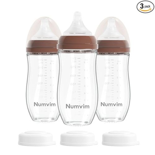 Natural Glass Baby Bottles Gentle & Extra Slow Flow, Newborn Breastfeeding Bottle with Anti Colic Nipple for 0 Months Babies, 3 Packs (Brown (8 Ounce), 1 Count (Pack of 3))