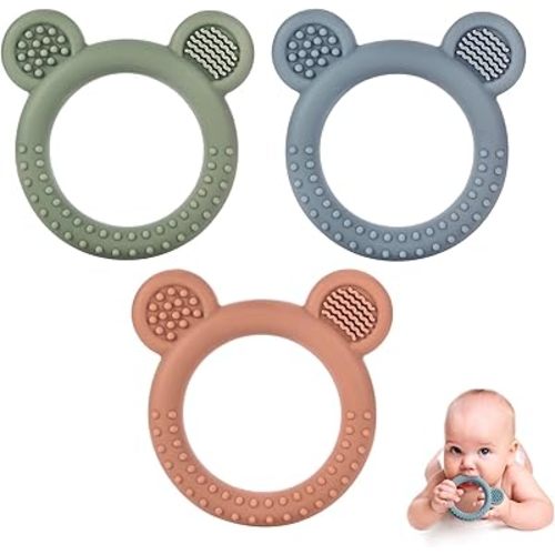 Baby Teething Toys for Babies 0-6 Months Set of 3, Baby Toys 6 to 12 Months, BPA Free Soft and Textured Bear Ring Silicone Teether Relief Soothing Sore Gums Chew Infant Toys