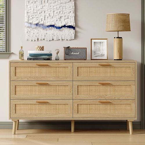 Furniouse 6 Drawer Double Dresser for Bedroom, 47.2" Rattan Chest of Dressers with Storage and Gold Handle, Natural Rattan Dresser for Living Room, Hallway, Entryway