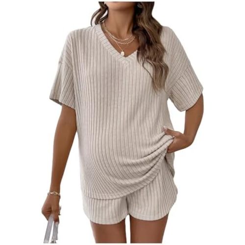 MakeMeChic Women's Maternity Pajamas Lounge Sets 2 Piece Outfits Short Sleeve Rib Knit Tops and Shorts Sets Pregnancy Clothes