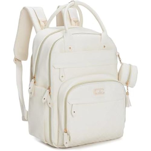 BabbleRoo Leather Diaper Bag Backpack - Baby Essentials Travel Baby Bag, Multi function, Waterproof, with Changing Pad, Stroller Straps & Pacifier Case – Unisex, Eggshell White