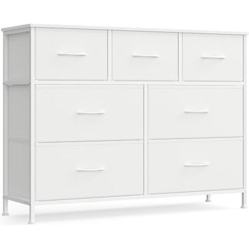 SONGMICS Dresser for Bedroom, Chest of Drawers, TV Stand, Steel, MDF, 7 Non-Woven Fabric Drawers, Storage Organizer Unit, Closet, Entryway, Cloud White and Snow White ULGS323W01S