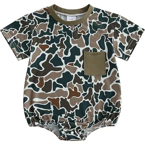 Newborn Baby Boy Camo Onesie Short Sleeve Bubble Romper Camouflage Tshirt Bodysuit Infant Summer Outfit