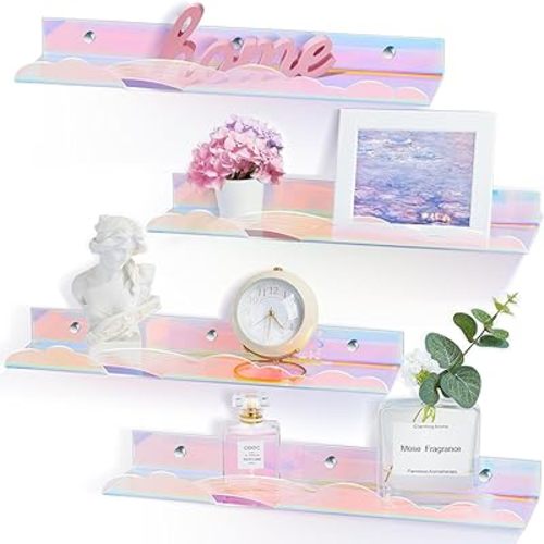 Iridescent Rainbow Acrylic Floating Shelves,15in Kids Wall Mounted Nursery Bookshelves, Display Ledge for Books Toys Cosmetic, Bathroom Bedroom Living Room Wall Decor and Storage, 4 Pack