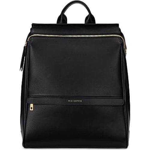 MIA + SOPHIA Leather Diaper Bag Backpack with USB Charging port, Changing Pad, Stroller Straps, and Bottle Holder (Black Sophia)