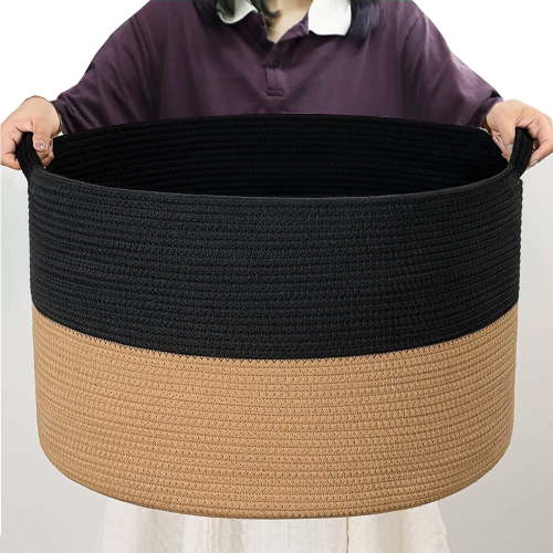 Extra Large Cotton Rope Basket 21.7"x 13.8" Blanket Basket Woven Baby Laundry Baskets Toys Storage Basket with Handle - Black & Camel