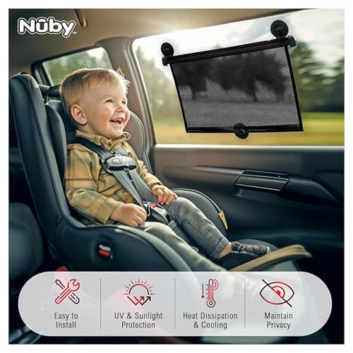 Nuby 14" Roller Vehicle Side Window Sun Protection Shade for Baby | 2 Pack | Pull Down with Suction Cups and Press Button Roll Up | Black