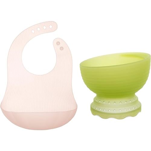 Olababy 100% Silicone Steam Bowl | Fold N Go Silicone Baby Bib w Travel Case (Coral)