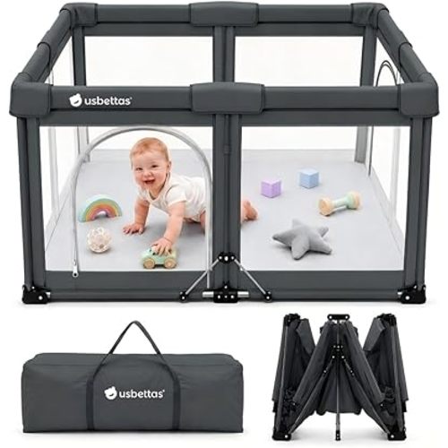 Foldable Baby Playpen, 1-Minute Setup, Lightweight Portable Playpen with Carry Bag, 50"x50" Indoor Outdoor Safty Play Yard for Babies & Toddlers, Dark Gray