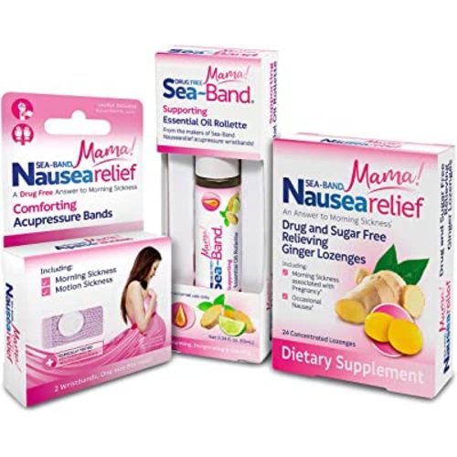 Sea-Band Mama! Nausea Relief Pregnancy Kit with Anti-Nausea Acupressure Bands, Ginger Lozenges & Essential Oil Rollette