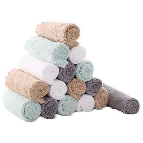 Cute Castle Ultra-Soft Baby Washcloths, 16 Pack - 9" by 9", Gentle on Sensitive Skin for Face and Body, Plush, Super Absorbent Wash Clothes for Girls and Boys,White+Brown+Grey+Sage Green - White+brown+grey+sage Green - 9x9 Inch (Pack of 16)