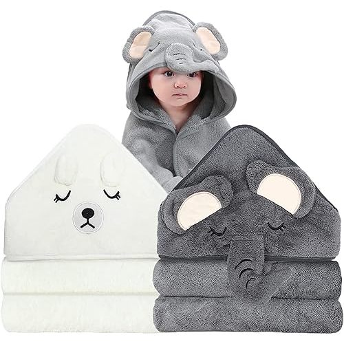 ROXANEPIG 2 Pack Hooded Baby Towel - Premium Soft Bath Towel for Bathtub for Babie, Newborn, Infant - Ultra Absorbent, Natural Baby Stuff Towel for Boy and Girl (Elephant & Bear)