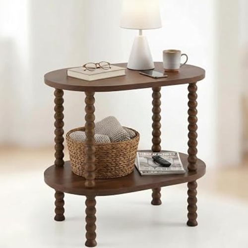 AceOrbit 1 Pcs 2 Tier Spindle Side Table Small Rustic Vintage Bedside Nightstand Coffee End Table with Storage Shelf Nightstand for Small Space, Bedroom,Easy Assembly (Brown,Oval)
