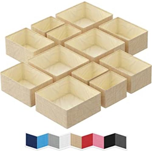 NEATERIZE Drawer Organizer For Clothing (Set Of 12) - Closet Organizer and Storage Divider Baskets For Clothes Dresser, Makeup, Bathroom | Organize Underwear, Socks, Bra, & Tie’s (Beige)