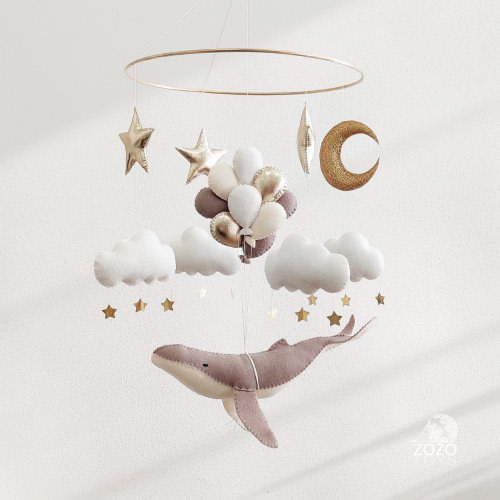 Whale Baby Mobile - Fish Mobile - Moon Baby Crib Mobile - Grey Whale Mobile for Nursery - Neutral Nursery Mobile - Baby Shower Gift