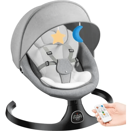 Electric Baby Swing for Infants, Baby Rocker for Infants with 5 Speeds, 10 Lullabies, Adapter & Battery Operated, Indoor & Outdoor Use, Remote Control, Gray