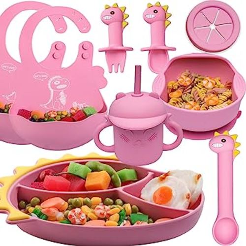 KAVONOI Baby Feeding Utensils Set,Baby Led Weaning Supplies Set Baby Silicone Suction Bowl and Plate, Baby Spoon & Fork And Adjustable bib, Silicone Snack&Sippy Cup with Straw And Lid-Pink Dinosaur