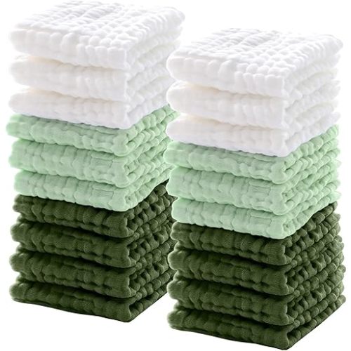 20 Pcs Baby Muslin Washcloths Natural Muslin Cotton Baby Wipes Soft Newborn Baby Face Towel Absorbent Muslin Washcloth for Sensitive Skin Baby 12 x 12 Inch (White, Light Green, Green)