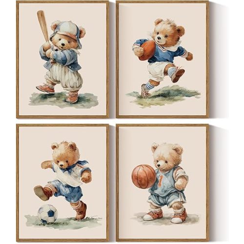 InSimSea 4 pcs Framed Canvas Art, Cute Sports Bears Watercolor Art Prints, Funny Playful Wall Pictures Decor for Kids Room Bedroom Playroom Nursery,11x14in,set of 4, Neutral Maximalist Decor