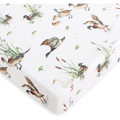 LifeTree Crib Sheets for Baby Unisex - Muslin Fitted Crib Sheets Toddler Bed Sheet, 70% Viscose from Bamboo and 30% Cotton, Fits Mini Crib & Pack and Play Playard, Mallard Duck, 26in x 38in