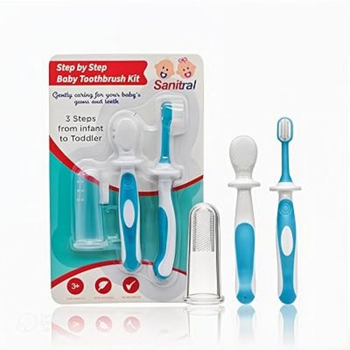 Baby's First Toothbrush Kit - Step by Step 0-2 Years - Safety-Tested & BPA-Free 3-Pack (Finger, Silicone, Toddler Toothbrushes) - Blue