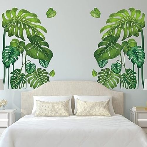 Large Green Tropical Jungle Leaves Wall Decals Palm Tree Leaf Plants Wall Stickers DIY Peel and Stick Removable Monstera murals Leaf Window Stickers for Kids Bedroom Nursery Living Room Decoration