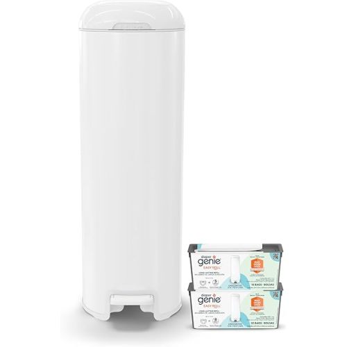 Platinum Diaper Pail Lily White, Made of Durable Stainless Steel, Convenient Easy to Use Hands-free Operation, Odor-Locking Pail, includes 2 Easy Roll Refill with 18 and 30 Durable Bags