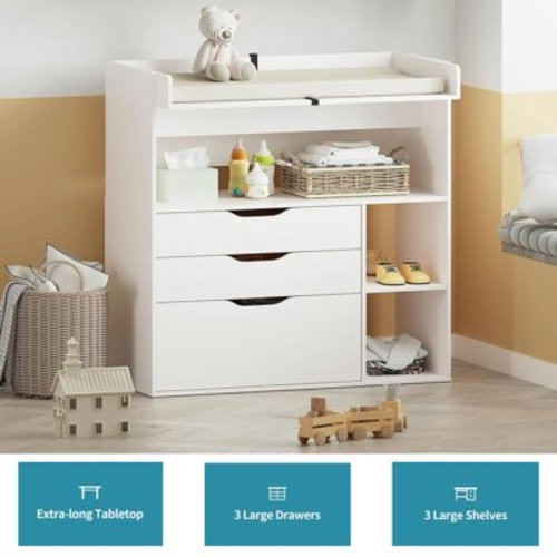 Wanan Baby Changing Table Dresser: 3 Drawers, 3 Shelves, Baby Changing Station (White)