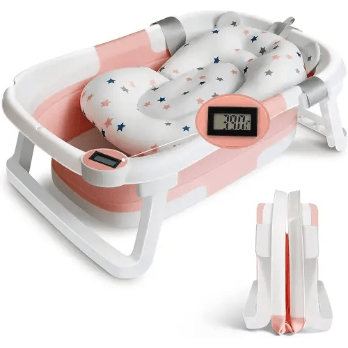 Befol Collapsible Baby Bathtub for Infants to Toddler, Portable Travel Bathtub Multifunctional Bathtub with Drain Hole, Baby Folding Bathtub for Newborn 0-36 Month (Blue+Floating Baby Bath Cushion Pink
