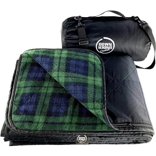 Picnic Blanket- DOWN UNDER OUTDOORS Large Waterproof Windproof Extra Thick 350 GSM Quilted Fleece Stadium Blanket - Green Check