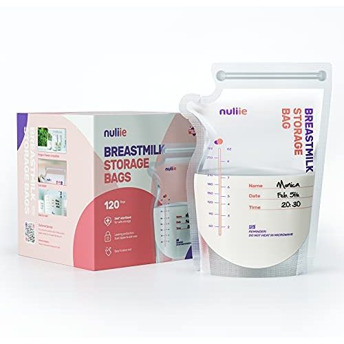 Nuliie 120 Pcs Breastmilk Storage Bags, Pre-sterilized Breast Milk Storing Bags, Milk Storage Bags with Pour Spout for Breastfeeding, BPA Free, Self-Standing Bag, Space Saving Flat Profile, 8 Ounce
