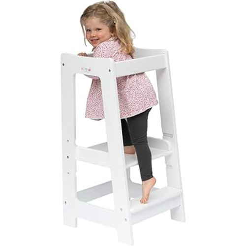 Toddler Tower Step High Chair | Montessori Inspired | Kitchen Wooden Step Stool for Preschool Kids | Adjustable for 18 Month - 5 Years | includes Safety Rail (White)