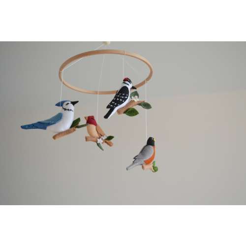Forest nursery baby mobile Felt birds baby mobile Canadian birds Blue Jay Woodpecker Newborn room decor Baby boy mobile Baby shower gift