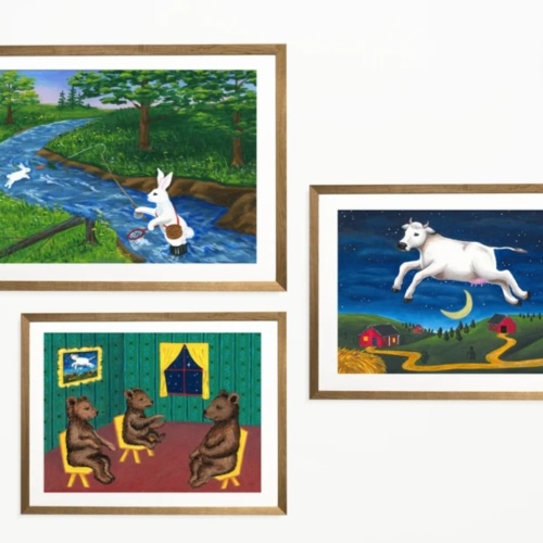 Goodnight Moon set of art prints, Cow jumping over the moon, three little bears sitting in chairs, runaway bunny book themed nursery art