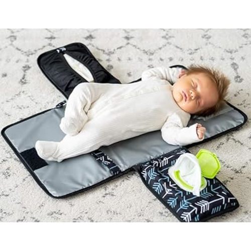 Portable Diaper Changing Pad, Portable Changing pad for Newborn Girl & Boy - Baby Changing Pad with Smart Wipes Pocket – Waterproof Travel Changing Kit (Black Pattern)