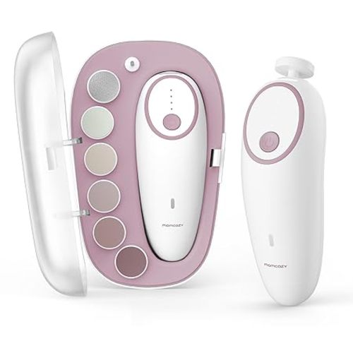 Momcozy Baby Nail File Electric, Gentle Baby Nail Trimmer Electric, Baby Nail Clipper with Night Light, 7 Grinding Head Replacement Pads, Pink
