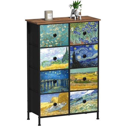 EXOTICA Tall Dresser with 8 Drawer for Bedroom Narrow Van Gogh Chest of Drawers for Hallway Closet Living Room Steel Frame Rustic Brown Wood Grain Wood Top