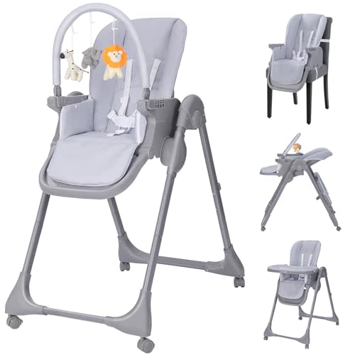 Ezebaby Baby High Chair, Foldable High Chairs with Adjustable Heigh and Recline, 2-in-1 Convertible to Dining Booster Seat, Portable High Chair for Toddlers with 4 Wheels and Toy Rack - Grey