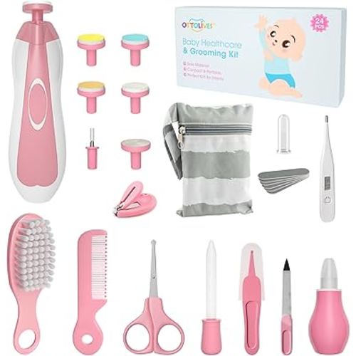 OTTOLIVES Baby Healthcare and Grooming Kit, 24 in 1 Baby Electric Nail Trimmer Set Newborn Nursery Health Care Set for Newborn Infant Toddlers Baby Boys Girls Kids Haircut Tools (0-3 Years+) (Pink)