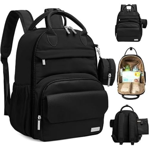 KeaBabies Diaper Bag Backpack, Travel Diaper Back Packs (Trendy Black, J)