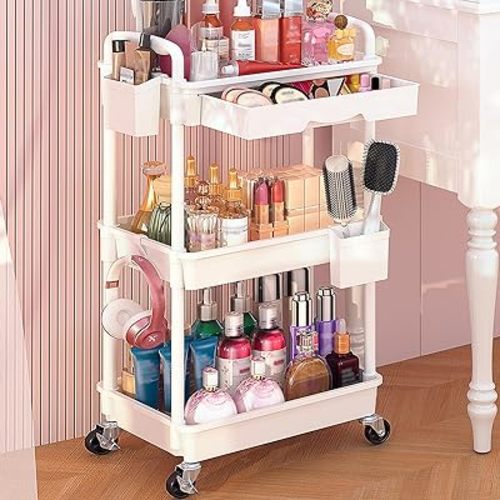 Goovilla Rolling Makeup Organizer Cart with Removable Drawer, 3 Tier Stable White Floor Skincare Storage Cart for Vanity, Cosmetic Display, Nail Polish, Perfume, Hair Stuff, Beauty, Bathroom(Plastic)