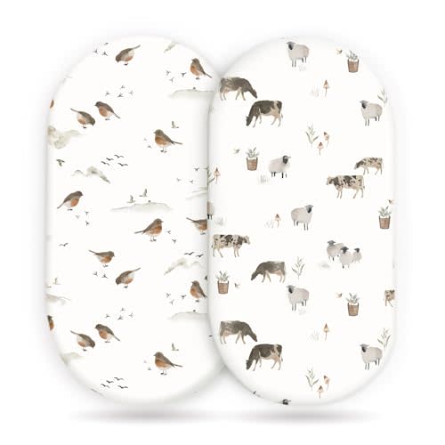 GRSSDER Stretchy Ultra Soft Bassinet Mattress Sheets 2 Pack, Universal Fitted for Baby Cradle Moses Basket Oval Rectangle Standard Pad Safe and Snug, Cute Animal Print Bassinet Sheet for Boys