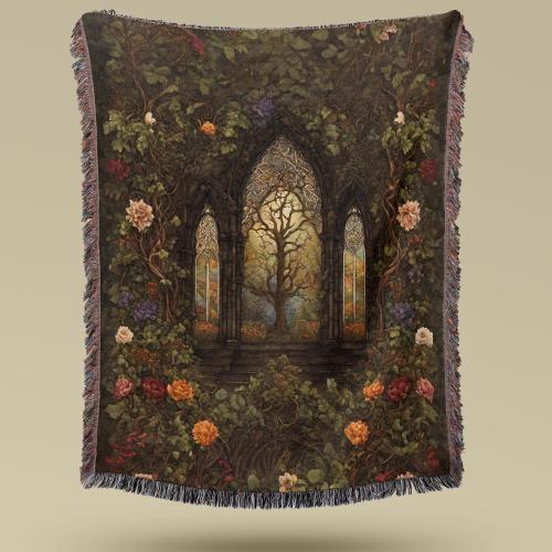Tree of Life Woven Throw Blanket Medieval Enchanted Forest Cotton Tapestry William Morris Inspired Wall Art Minky Picnic Blanket Gift
